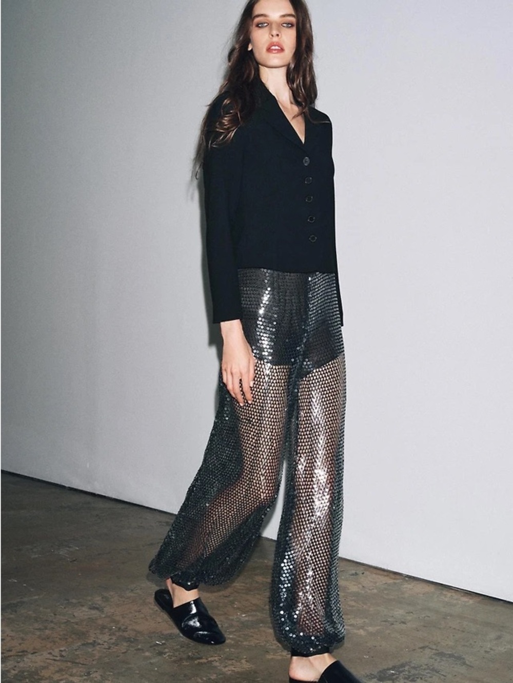Zara Black Sequin Mesh Balloon Pants